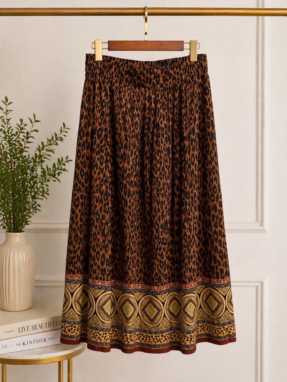 Sag Harbor Brown Leopard Print Midi Skirt with Gold Border